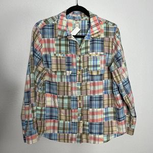 LL Bean Madras Shirt Multi Plaid Button Up Patchwork Roll Tab Sleeves Sz MP